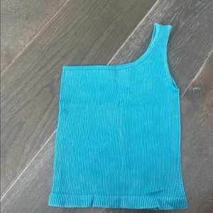 One shoulder blue ripped tank top